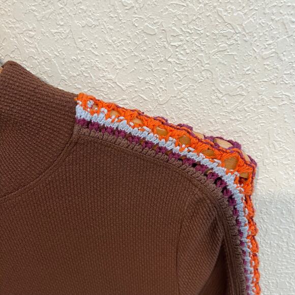 Free People Switch It Up Cuff Knit Thermal Top Cocoa Brown Boho Medium Mock Neck - Picture 5 of 7